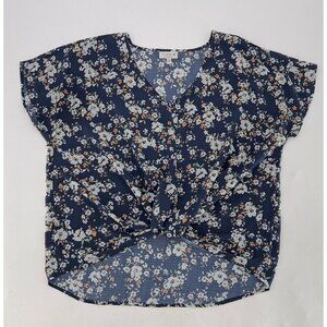 Studio B by‎ Bobeau Women’s Relaxed Navy Blue Floral Knotted Front Blouse M Boho